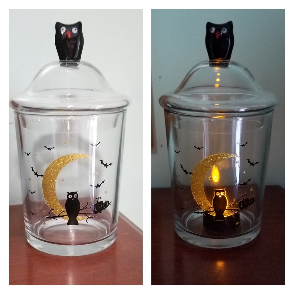 clear glass candy jar lid tealight holder canister happy Halloween moon owl bats